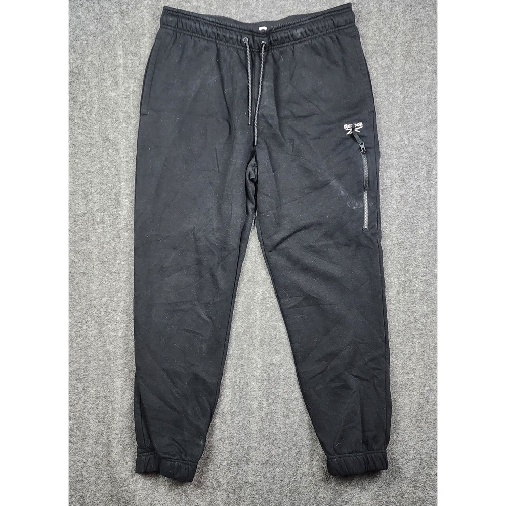 Reebok Joggers Men Large Black Athletic Fleece Sweatpants Logo Waistband Zip